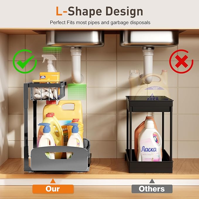 Under Sink Organizer 2 Pack,Metal Pull Out Cabinet Organizer Shelf,Kitchen Bathroom Organizers and Storage with Sliding Drawer,Storage Shelves,Storage and organization for Home,Laundry,RV,Pantry,Spice