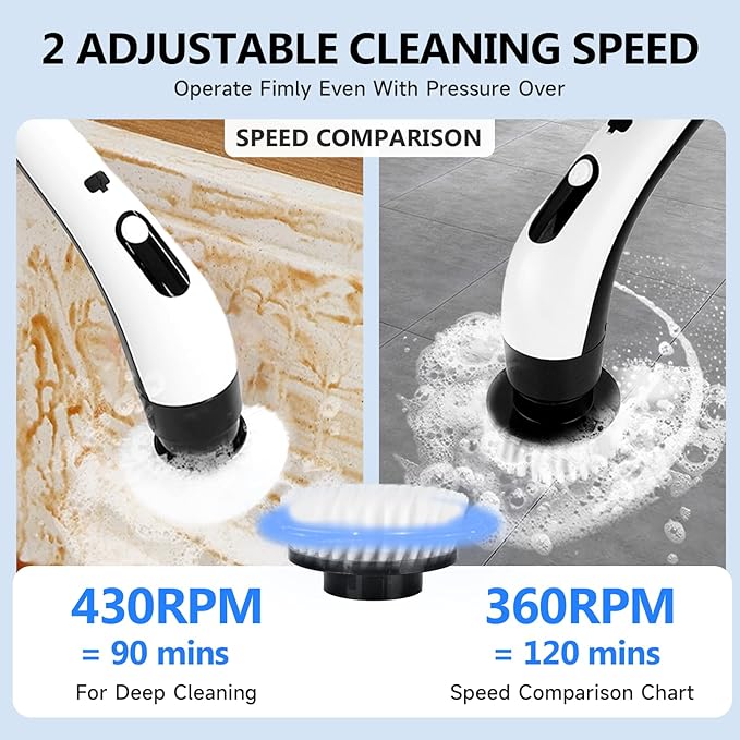 8 - in - 1 Electric Spin Scrubber, Cordless Cleaning & Shower Scrubber with Adjustable Handle, IPX7 Waterproof for Bathroom, Tile, Car, Kitchen, Floor, Tub | 8 Brush Heads, Powerful Horsepower