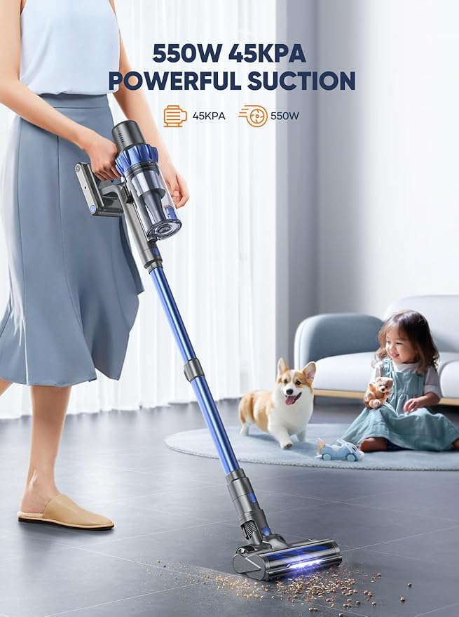 Cordless Vacuum Cleaner, 45KPA 550W Vacuum Cleaners for Home, Stick Vacuum with Color Touch Display, Intelligent Auto Mode, Up to 60Mins, Handheld Vacuum Cleaners for Hardwood Floor Carpet Pet Hair
