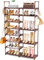 ROJASOP Shoe Rack Organizer, 8-Tier Metal Shoe Rack for Closet Entryway Garage, 26-32 Pairs Tall Shoe Boot Storage Shelf with 15 Hooks, Stackable Large Shoe Stand, Brown