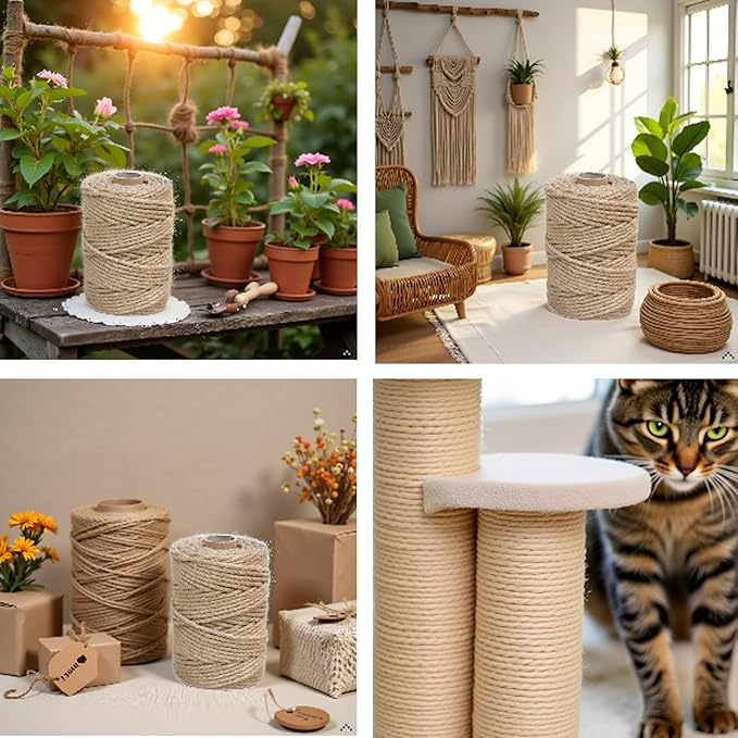 1/5 in (5 mm) X 328 FT (100 Meters) Jute Twine Rope String for Home Decorating, Cat Scratcher Post Tree, DIY Arts Crafts, Garden, Binding, Packing Material
