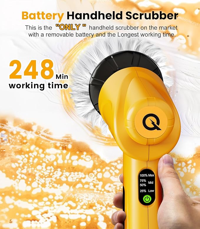 qimedo 5000mAh Battery Electric Spin Scrubber Q4, Handheld Scrubber for Cleaning with Display, Power Dish Scrubber with 5 Heads, Shower Cordless Cleaning Brush for Bathroom/Sink/Window