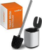 Toilet Bowl Brush and Holder, Toilet Brush with Stainless Steel Handle and Durable Bristles for Bathroom Cleaning, Automatic Closing Holder Set (Silver)