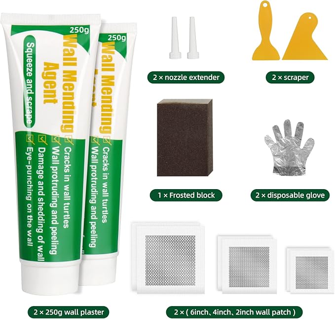 Drywall Repair Kit | 500g Safe Wall Mending Agent | 6pcs Wall Patches | Reusable Frosted Block | Scrapers | Easy Hole Filling for Aluminum, Metal, Plaster, Sheetrock & Ceiling