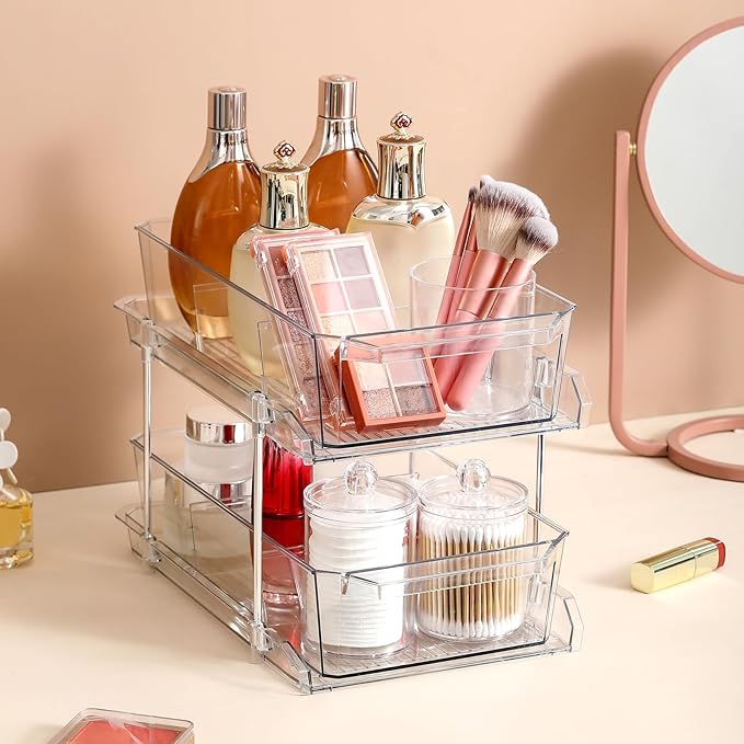 2 Tier Clear Organizer with Dividers for Cabinet, Shlef, Counter - MultiUse Slide-Out Storage Container - Kitchen, Pantry, Medicine Cupboard Bins, Bathroom, Vanity Makeup, Under Sink Organizing