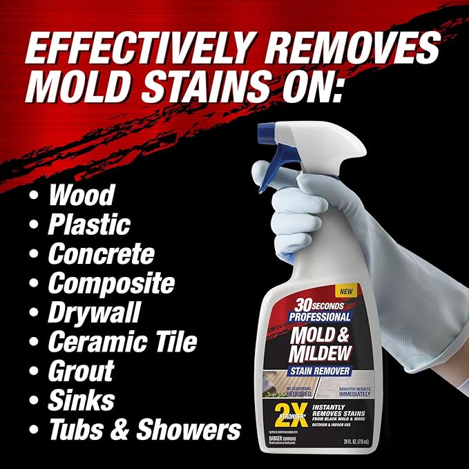 30 SECONDS Pro Mold and Mildew Stain Remover | Scrub Free | Brighter Results Instantly | Ready To Use | 32 oz Spray Bottle, 1 Gallon Refill