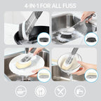 Soap Dispensing Scrub Dish Brush Head Replacements - 4 Kitchen Cleaning Brush Dish Wand Head, Scraper Heads for Stubborn Grime on Pots Pans, Stand/Hang Storage-Grey