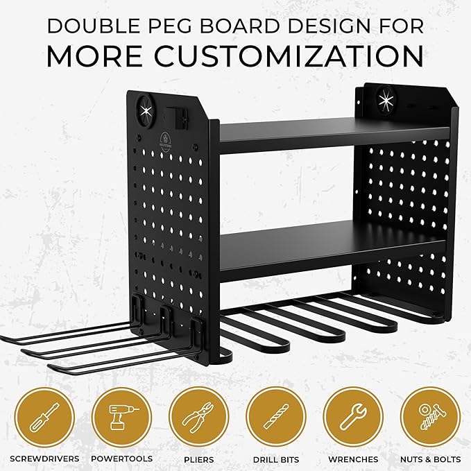 Power Tool Organizer-6 Drill Holder Wall Mount, 3 Tier Heavy-Duty Hand Tool Storage Rack, Utility Racks, Drill Holder, 2 Pegboard Sides - Garage Storage Cordless Tool Organizer (Black)