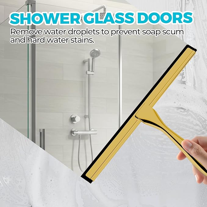 12-Inch Golden All-Purpose Shower Squeegee for Shower Doors, Tile Shower Walls, Bathroom, Window, Glass and Car Windshield, Mirrors and Kitchen-Stainless Steel