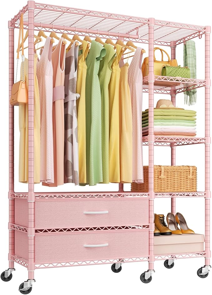 Ulif F3R Heavy Duty Clothes Rack（With Lockable Wheels）Freestanding Clothing Racks for Hanging Clothes，Adjustable Closet Organizer System，Portable Garment Rack 40"W x 15"D x 74"H，Max Load 700LBS，Pink