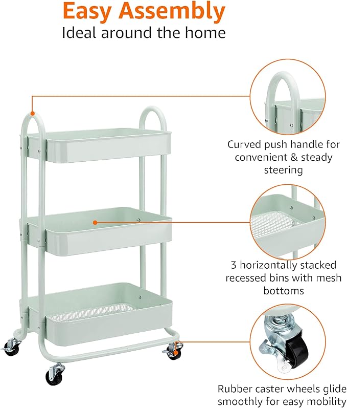 Amazon Basics 3-Tier Metal Rolling Utility or Kitchen Cart - Mint Green