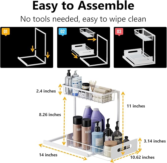 Under Sink Organizers and Storage 2 Tier Slide Out Kitchen Cabinet Organizer Sturdy Metal Bathroom Storage (White, 2 Pack)