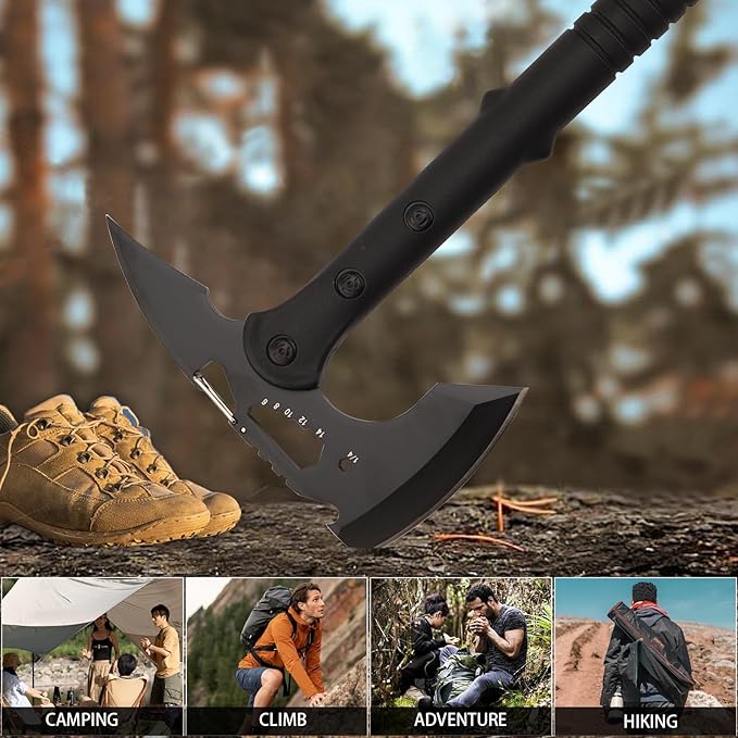 Tactical Hatchet,Black Stainless Steel Camping Hatchet Axe with Nylon Sheath,Tactical Axe with Bottle Opener,Hex Wrenches,for Outdoor Splitting Wood,Hunting Survival