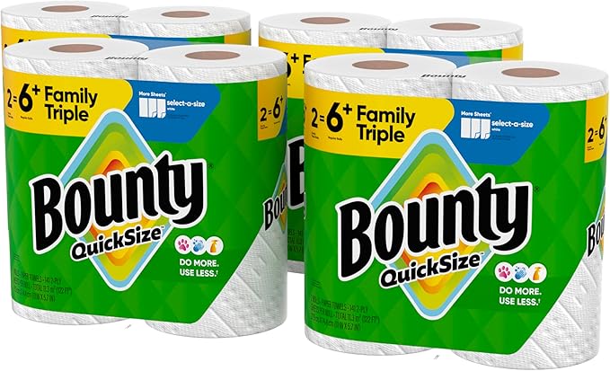 Bounty Quick-Size Paper Towels, White, 8 Family Triple Rolls = 27 Regular Rolls