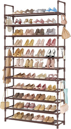 LANTEFUL 11 Tiers Tall Shoe Rack Holds 55 Pairs of Shoes with 18pcs Hooks Sturdy Wide Shoe Organizer Storage Free Standing Metal Shoe Shelf for Closet, Entryway Brown