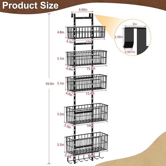 Adjustable Over The Door Organizer, Metal Hanging Door Organizer with 5 Wire Basket 7 Hooks, Wall Mounted Shelf for Pantry Laundry Organization and Storage, Black