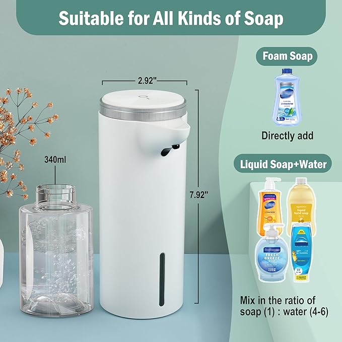 Automatic Foaming Soap Dispenser (Upgrade Auto & Manual Modes) - Adjustable Foam Volume - IPX7 Waterproof -1500mAh USB Rechargeable Touchless Hand Soap Dispenser