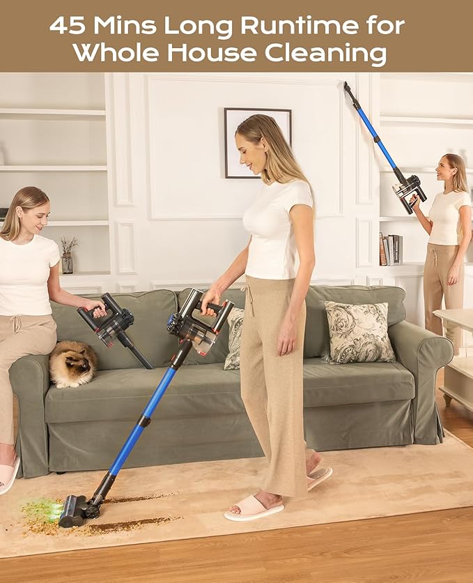V15 Cordless Vacuum Cleaner, 45Mins Powerful Vacuum Cleaners for Home, Lightweight Stick Vacuum with Advanced Green Light Tech, Rechargeable Battery Vacuum for Carpet,Pet Hair,Hardwood Floor