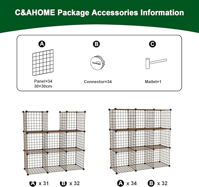 C&AHOME Wire Cube Storage, 9 - Cube Organizer Metal C Grids, Modular Shelves Units, Closet Organizer, Ideal for Home, Office, Living Room, 36.6”L x 12.4”W x 48.4”H, Brown UWCS3009R