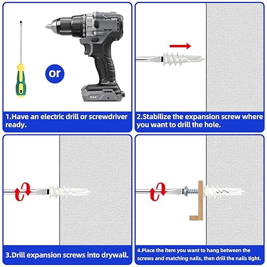 #8 x 1-1/2" Self Drilling Plastic Drywall Anchors Screws (50 Anchors+50 Screws), No Pre Drill Hole Required, Hold Up to 75 Lbs