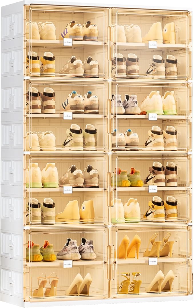 JEKO&JEKO 8-Tier Foldable Shoe Storage Box with Magnetic Doors, Large Stackable Shoe Organizer Cabinet for Entryway, Clear Front Door Shoe Boxes Hold Up to 32 Pairs (White)