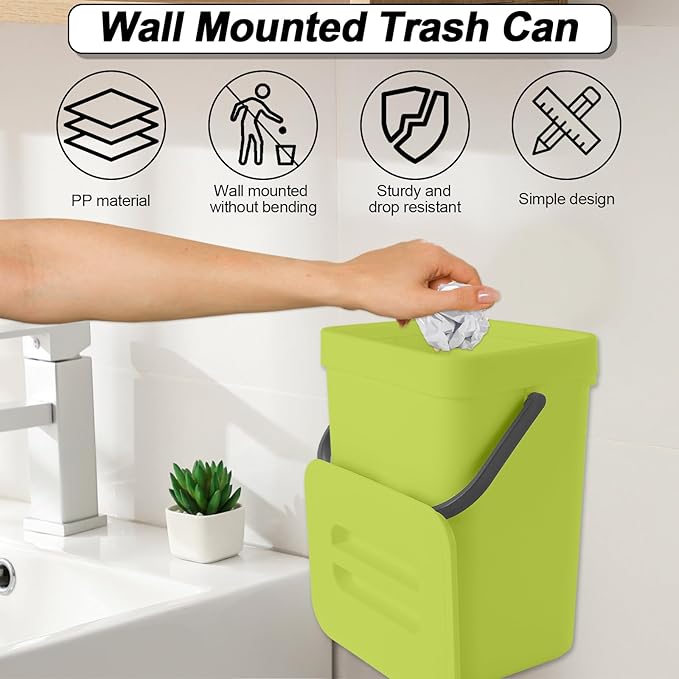 Compost Bin Kitchen, Bring 5 Rolls (100) of Garbage Bags, for Use on Countertops or Under Sinks, Hanging Trash Can with Lid, for Cupboard/Bathroom/Bedroom/Office/Camping(Green 0.8 Gallon/3L)