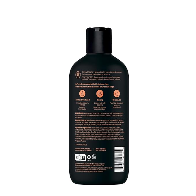 ATTITUDE Men's Shampoo and Conditioner 2-in-1, Nourishing For Dry Hair and Scalp, With Panthenol and Ginseng, 97% Natural Origin Ingredients, EWG Verified, Patchouli & Bourbon, 14 Fl Oz (Pack of 3)