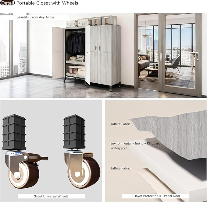 Foldable Portable Armoire Wardrobe Closet for Hanging Clothes Rack, Heavy Duty Covered Clothes Rack with Cover(HARDBOARD Magnetic), Closet Garment Rack for Bedroom Storage (KT Woodgrain Gray, 74.8in)