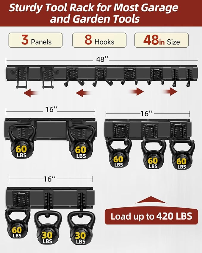 48-Inch Garage Storage Tool Organizer with 8 Hooks - Heavy Duty Metal Rack for Garage Organization, Garden Tool Organizer - Wall Mounted Tool Hanger for Shovels, Ladders, Lawn Tools