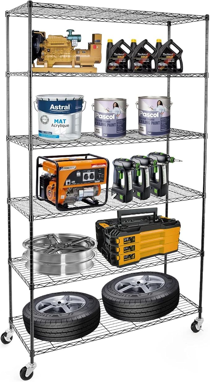 WDT NSF Certified Storage Shelves on Wheels, Heavy Duty Metal Shelves for Storage with Adjustable Stand, 6-Tier Wire Shelving Unit for Garage Pantry Kitchen Shelf Rack, 47" D x 17" W x 80" H