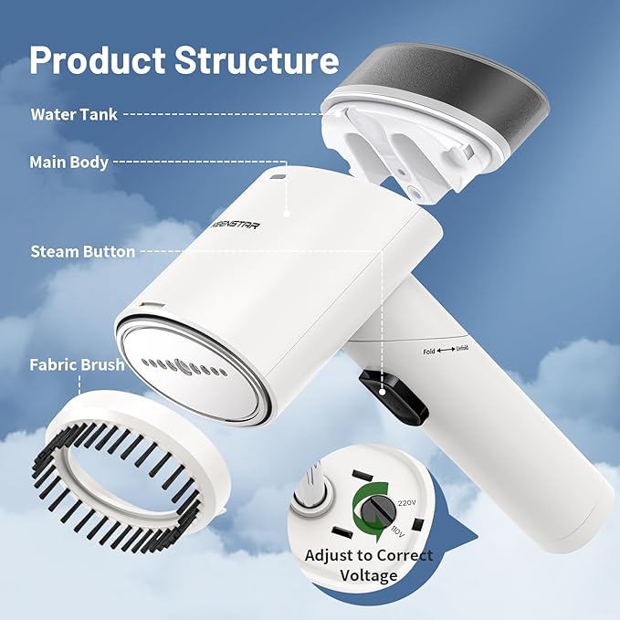 Travel Steamer for Garments with Dual Voltage for Worldwide Use, 120V/220V Foldable Handheld Fabric Wrinkle Remover,15s Fast Heat-up, 1200W Horizontal & Vertical Steaming, 1.9 Pounds