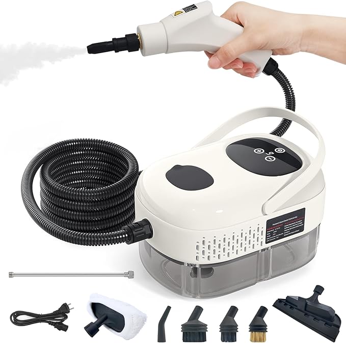 2500W Handheld Steam Cleaner, Pressurized Steamer for Car Detailing, Grout, Tile, Upholstery, Kitchen & Bathroom, 1100ML Large Tank, 6-Level Adjustable Steam, Fast Heat Up(White 2)