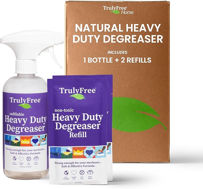 Heavy Duty Degreaser- Grease Remover & Grime Cleaner for Kitchen, Automotive & More, Household Cleaning Supplies, Fragrance-Free, Includes 16 oz Reusable Empty Bottle & 2 Refills (4 oz)