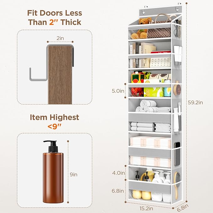 Over The Door Organizer, 6 Shelf Door Organizer Hanging with 6 Large Capacity Pockets, Over The Door Storage Hanging Shelves for Closet Wall Bathroom Closet Bedroom Nursery