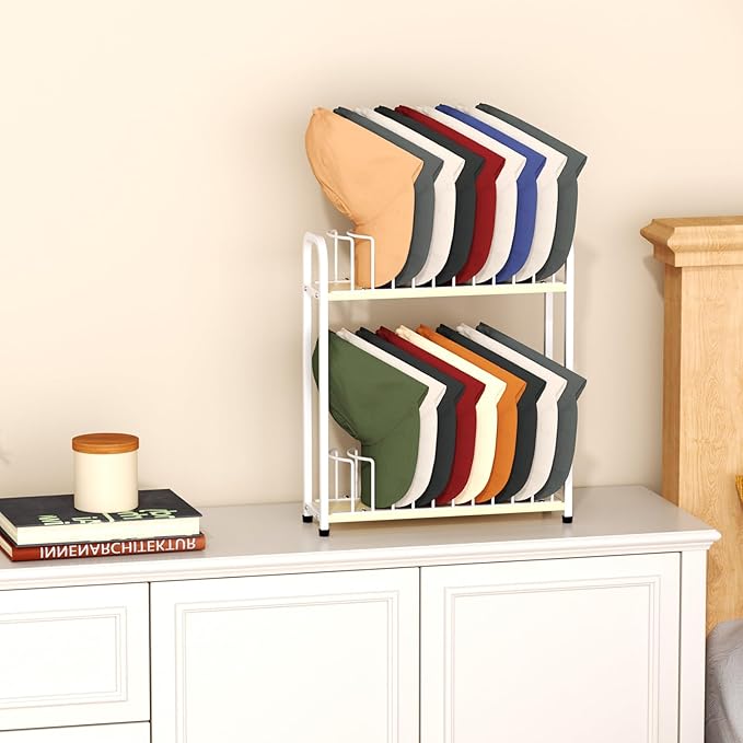 SWTYMIKI Hat Stand for Baseball Caps - 2 Tier Wood & Metal Tabletop Hat Organizer Storage Display Rack, Holds up to 20 Caps for Desk, Closet Shelf, Dresser (White)