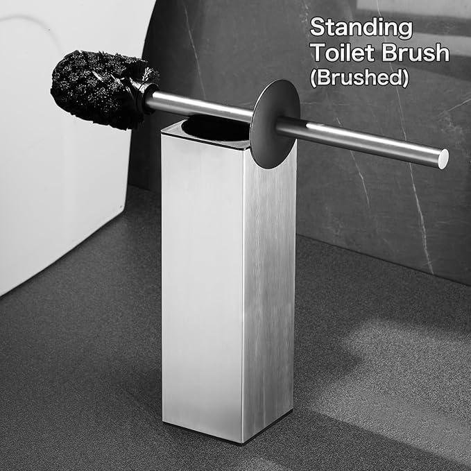 Standing Toilet Brush - Square Base, Plunger Set, Holder - Toilet Bowl Cleaner - Brushed