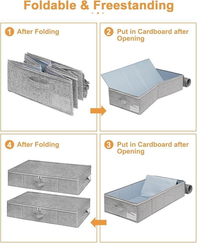 punemi Under Bed Storage, 3 Pack Underbed Storage Container Bags With Lid, Foldable Sturdy Clothes Storage Drawer Organizer W/ 3 Handles, Ultra Thick Fabric Blanket Shoe Storage Box, Grey