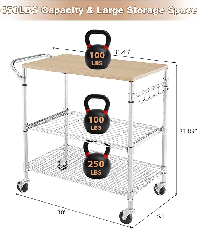 3 Tier Rolling Kitchen Cart with Wood Tabletop, Kitchen Island Carts with Wheels & Slider Shelf, Microwave Cart on Wheels, Coffee Cart with Hooks, 35.4" L*18.1" W*31.9" H，Wood+Chrome