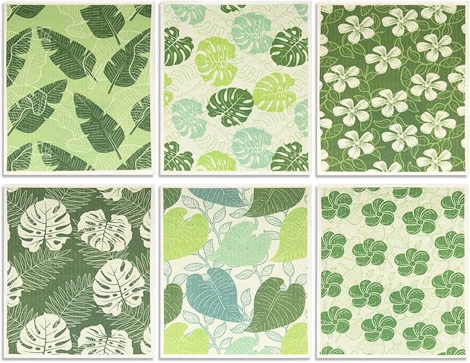 6 - Pack Swedish Kitchen Dish Cloths - Reusable Paper Towels for Counters & Dishes - Eco Friendly Cellulose Sponge Cloth - Assorted (Botany)