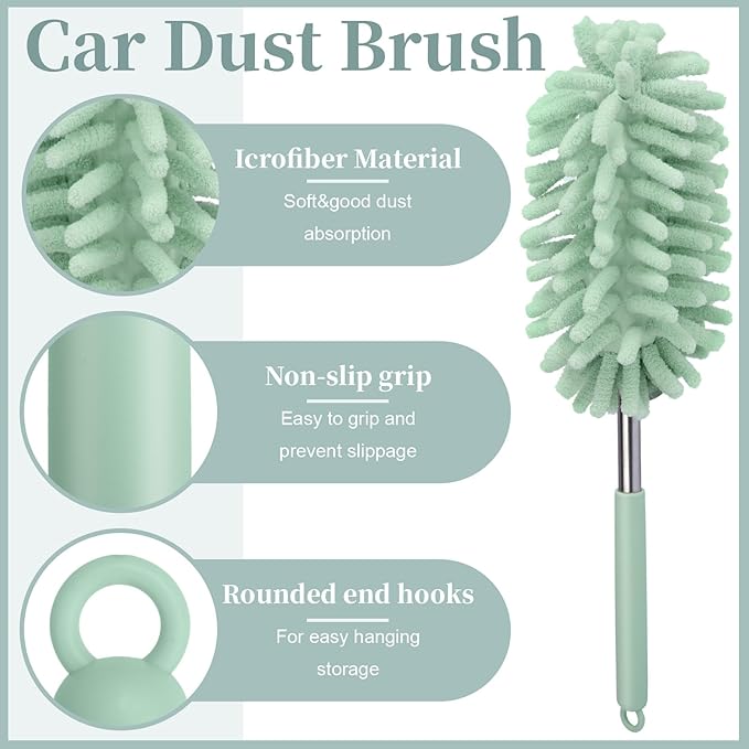 2 PCS Car Interior Duster with Extension Pole, Microfiber Car Dusters with Bendable Head, Cars Dusters Exterior&Interior Scratch Free, for Cleaning of Vehicle Details, Offices, Window (Light Green)