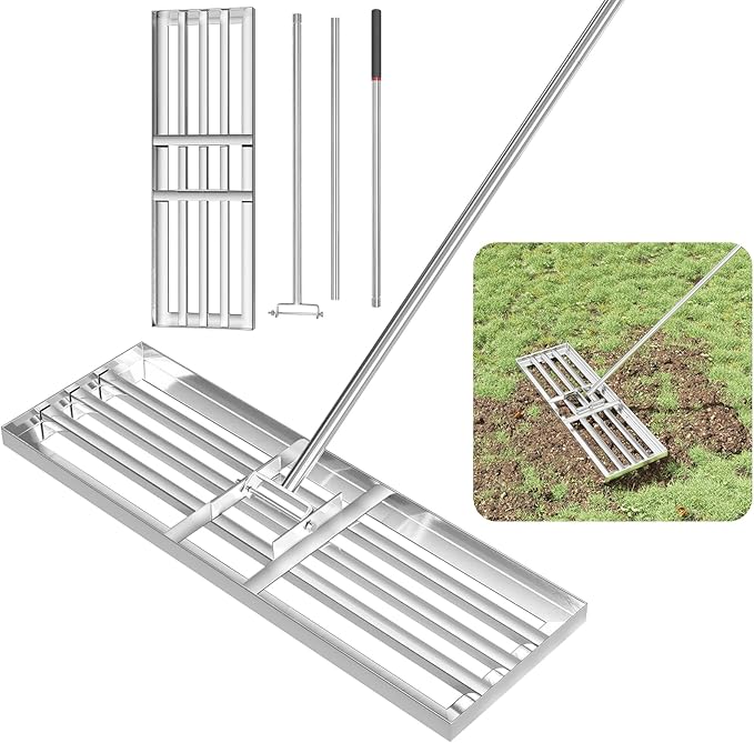 GreatBuddy Lawn Leveling Rake 30'' x 10", Heavy-Duty Stainless Steel Lawn Leveling Tool for Lawn, Soil, Sand, 78'' Extra Long Handle, Ideal for Yard, Garden