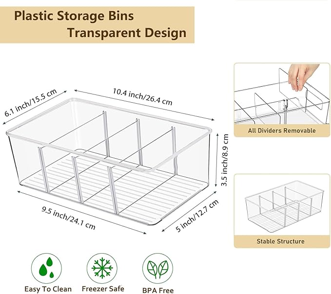 6 Pack Pantry Organizers and Storage,4 compartment Snack Containers for Kitchen,Fridge,Refrigerator Organization and Storage,Clear Plastic Bins for Spice,Tea bag,Seasoning organizer