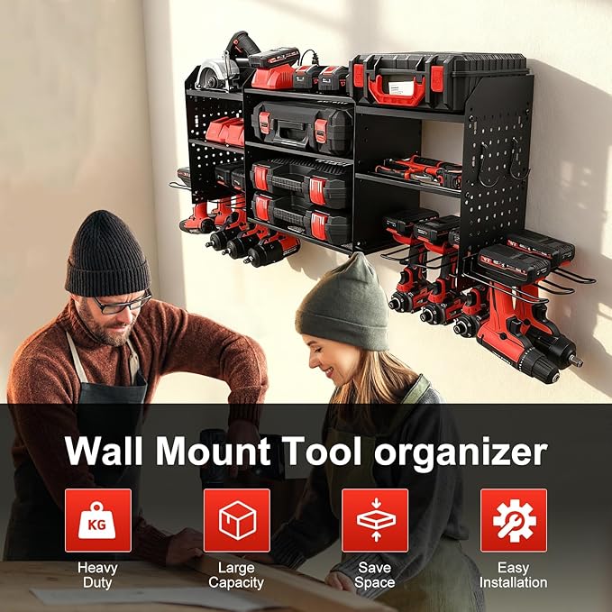 3 layers power tool organizer Loads 150lbs with 10 Cordless Drill Holder and 8 Outlet Power Strip,it’s good choice for husband birthday gift,black