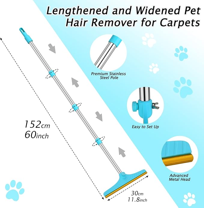 Carpet Rake for Pet Hair Removal - Reusable Pet Hair Remover, 60” Adjustable Long Handle Cat Dog Carpet Rake Scraper with Patented Design, Dog Hair Rake Brush for Rugs, Mats, Couch