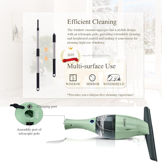 Rechargeable Window Vac, Window Vacuum Squeegee, Cordless Window Vacuum Cleaner Set, Electric Cleaning Tool for Windows, Tiles, Mirrors, Visual Water Tank