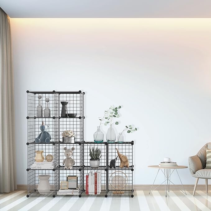 TUMUCUTE Wire Storage Cubes, Metal Storage Shelves Bookshelf, Stackable Modular Closet Organizer for Bedroom Living Room, Office, Black (12 Cubes, Iron)
