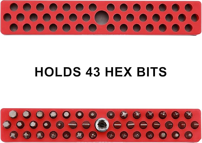 Mayouko 1/4" Magnetic Hex Bit Holder Rack Organizer, 43 Holes, 1/4-Inch Drill Bit Holder, Red, 2 Racks, Magnetic Bit Holder with Magnet Base for Screwdriver Bits
