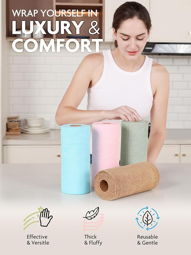 Fantasticlean Tear-Away Dish Cloth- 80 Sheets, 4 Rolls - 10'' by 10'', Reusable Washable Kitchen Towels, Super Absorbent Microfiber Cleaning Cloths (Pink,Blue,Tan,Moss Green)