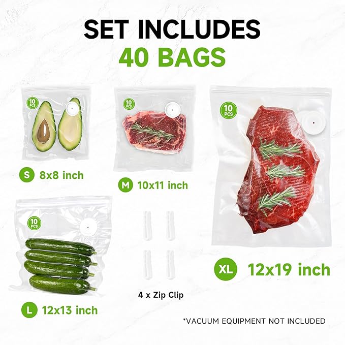 Vixino Vacuum Sealer Bags, 40 Reusable Vacuum Sealer Bags for Food, BPA-Free, Meal Prep and Sous Vide Cooking,Works for Handheld Sealer and Vac Sealer Machine with External Vacuum Systems