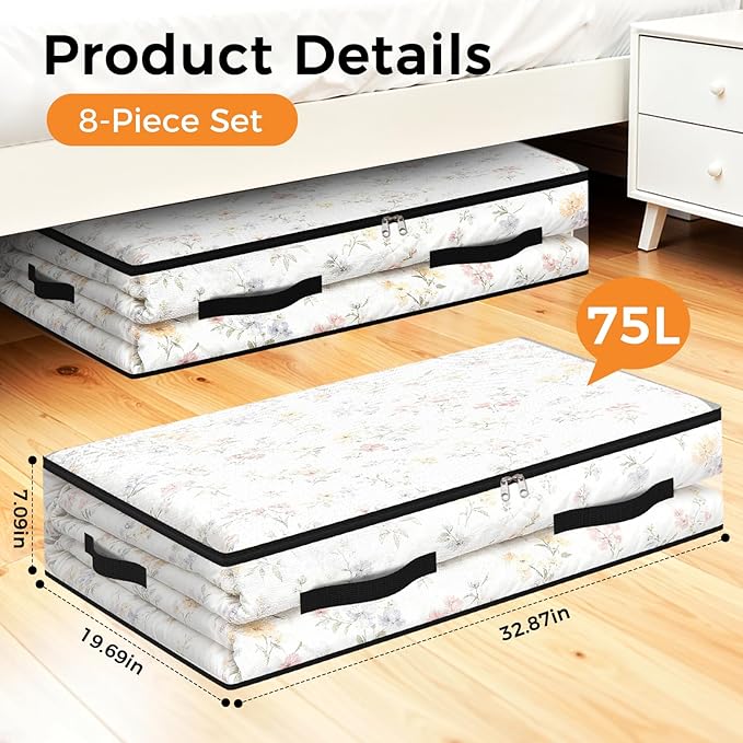 8 Pack Under Bed Storage Bags, 75L Foldable Clear Storage Containers with Handles, Dual Zippers for Comforter, Clothes, Bedding, Linen Sheets, Sweaters, Blanket Storage